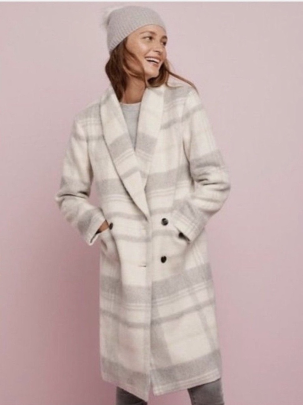 Ann Taylor White Gray Plaid Cocoon Wool Coat Jacket X-Large